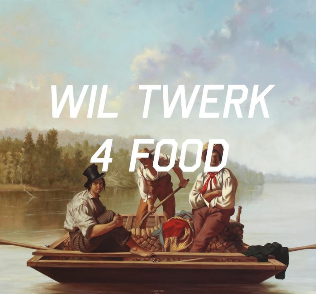 Shawn Huckins painting of men on boat with words 'will twerk 4 food' overlaid