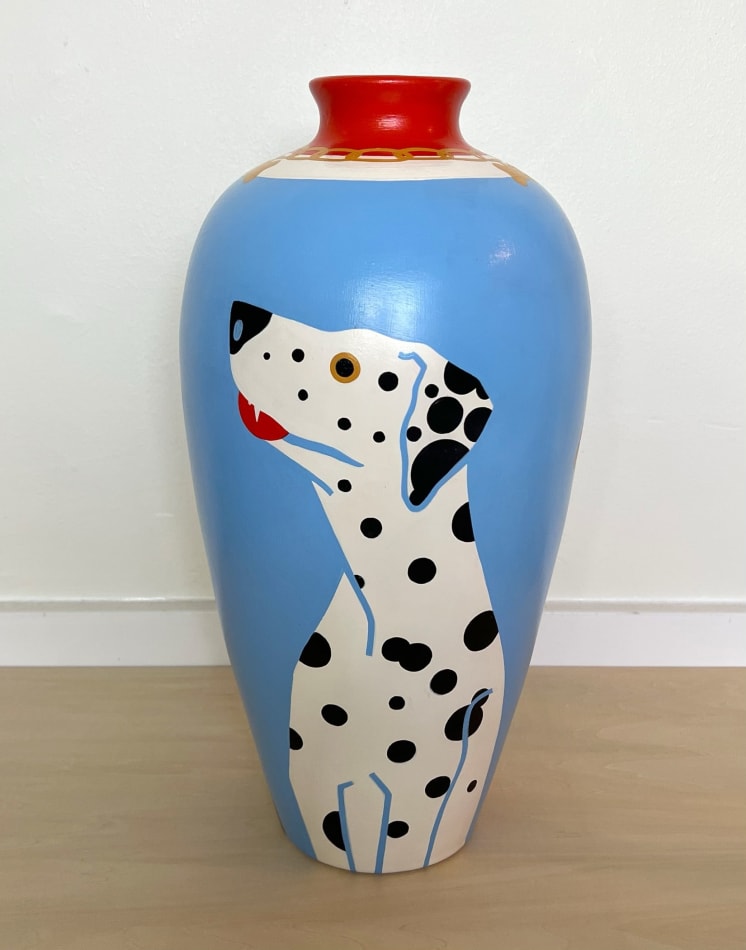 Jillian Evelyn - Sculpture of repurpose vase painted with dogs, blue background, red top