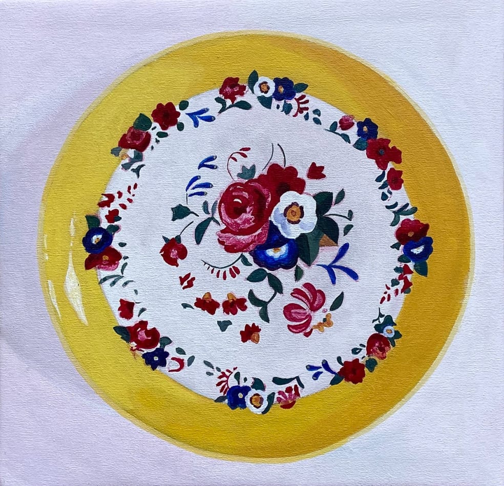 painting of yellow plate with a flower boarder by Francisco Diaz Scotto
