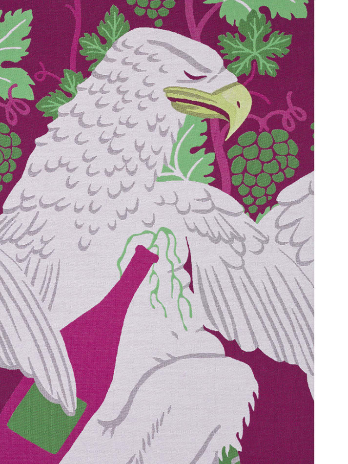 Detail of Oona Brangam-Snell hand-woven embroidery of eagles, grapes, and figures climbing