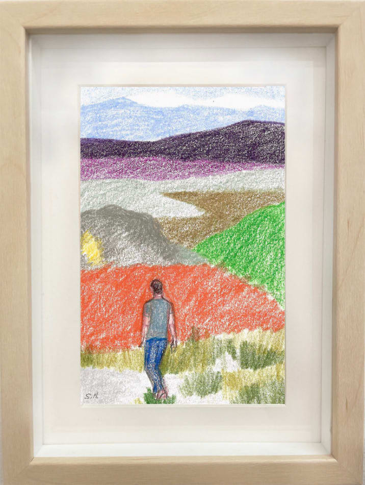framed drawing - sketch of the back of a man standing facing series of mountains in different colors