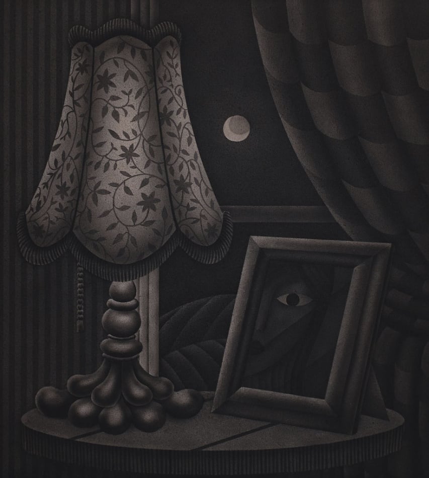 black and white painting of a side table with a lamp and framed portrait