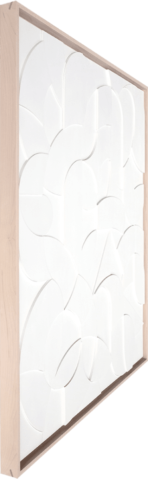 all white wooden relief piece made of many small pieces in a light wood frame side angle
