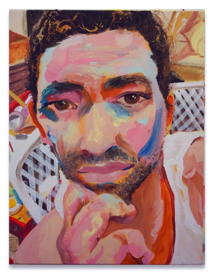 Self portrait of the artist with his hand to his chin wearing a white sleeveless shirt. He has a short beard and dark curly hair.