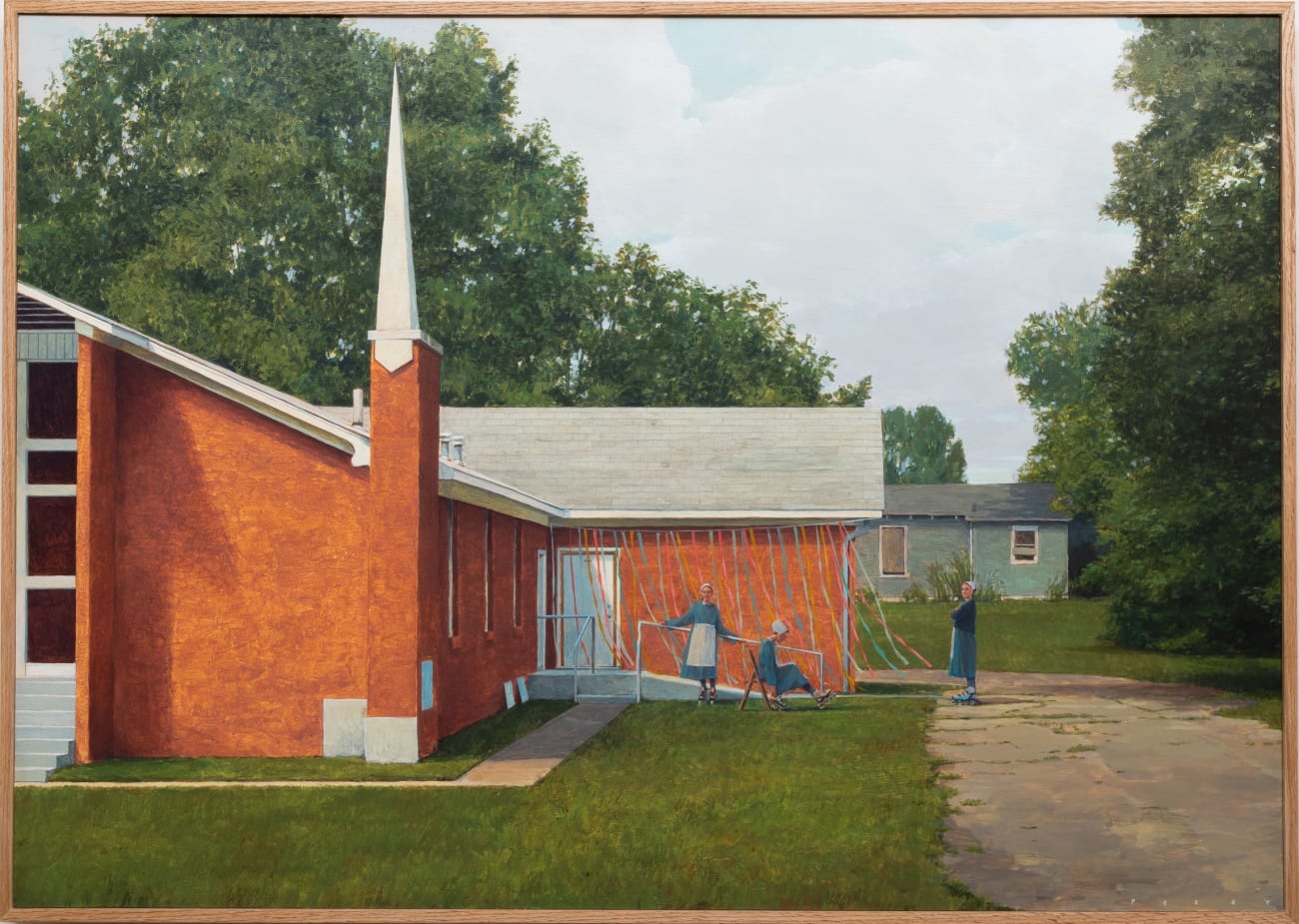 Painting of three amish women with rollerblades on standing in front of a brick red church. There are party streamers in multicolor hanging from the roof of the church. In the background is a blue house and trees