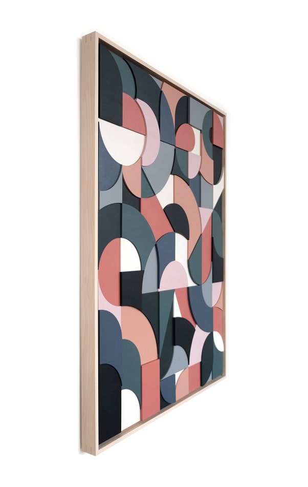 Scott Albrecht wood relief painting in blue and pink tones