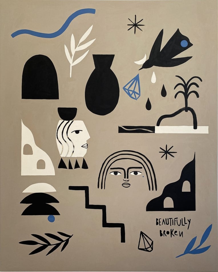 grey background with scattered symbols and designs made in black and beige with blue accents