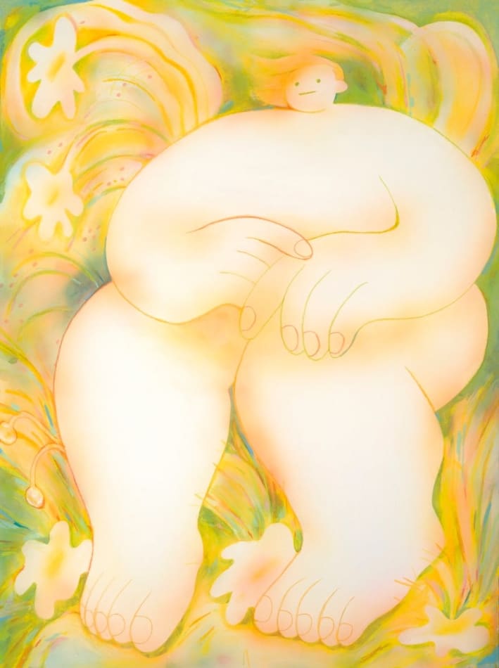 Anjelica Colliard - Painting of a rounded puffy figure sitting in bushes of white and yellow flower.
