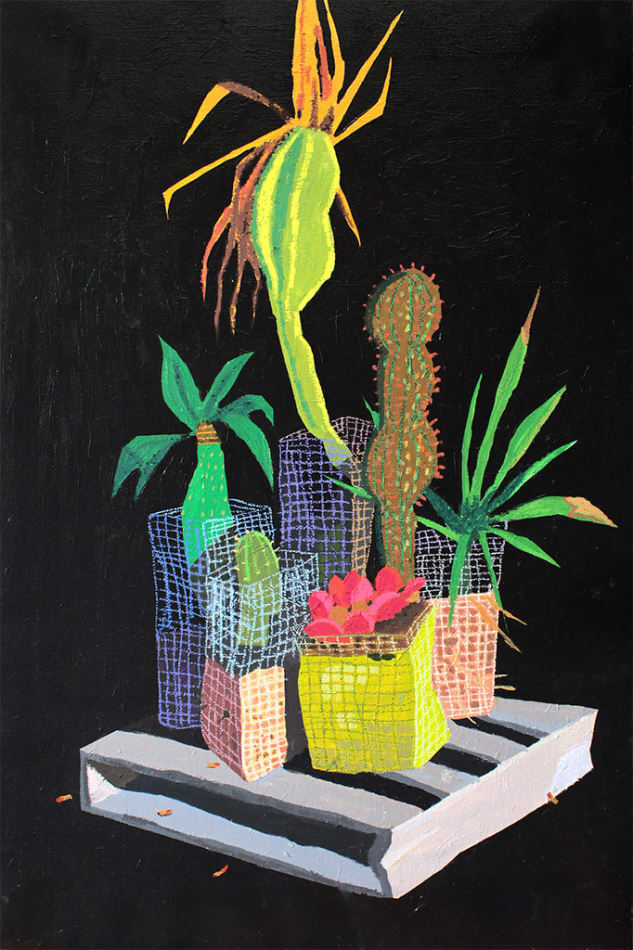 painting of succulents and cacti on a pallet by Nicholas Bono Kennedy