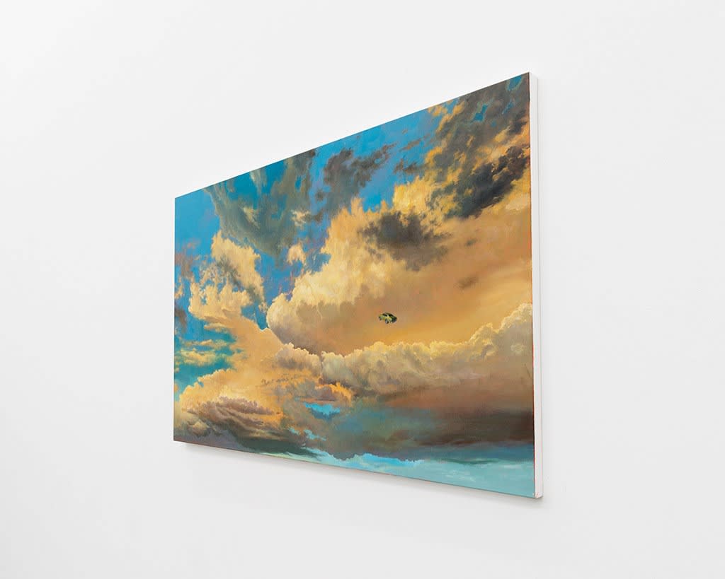 Painting of a tiny car flying through a cloudy sky