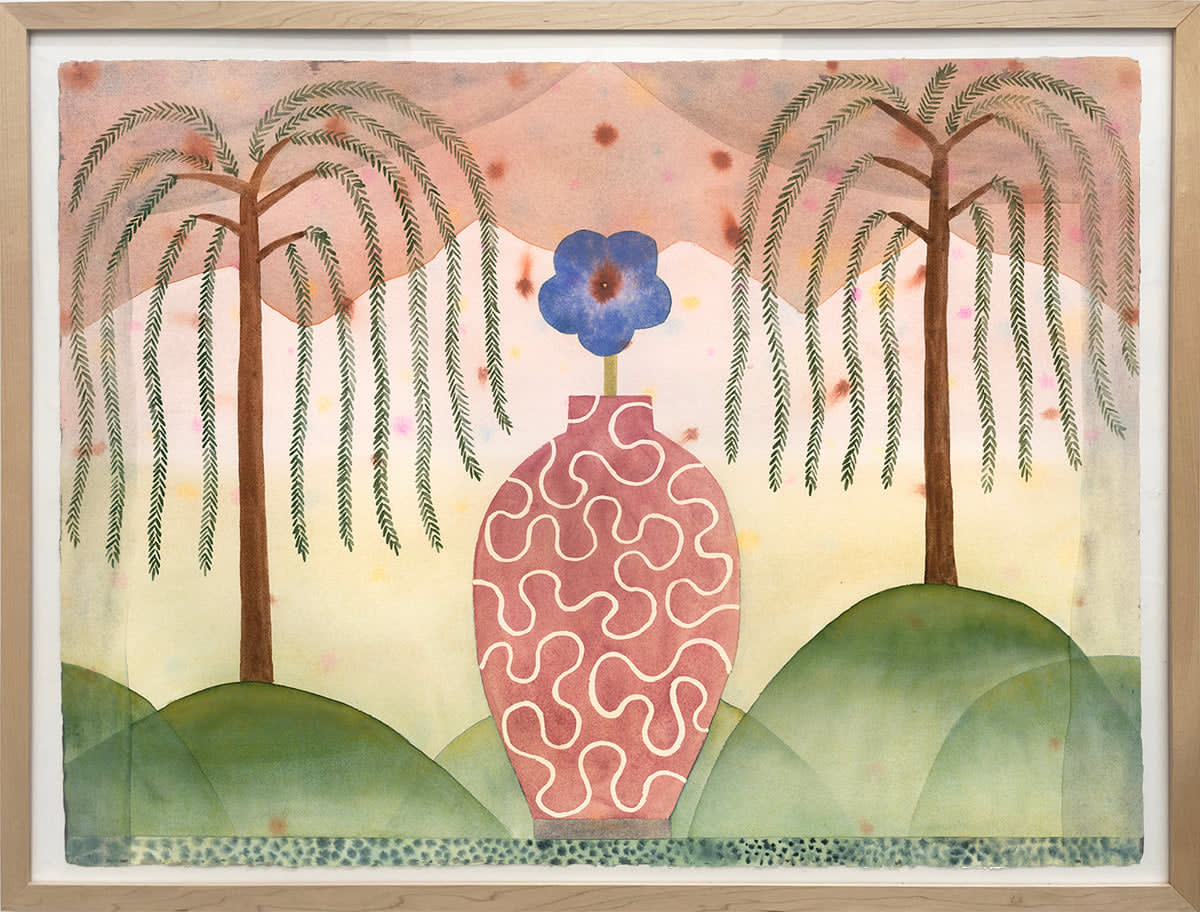 muted watercolor of a single flower in a vase in an outdoor landscape in frame
