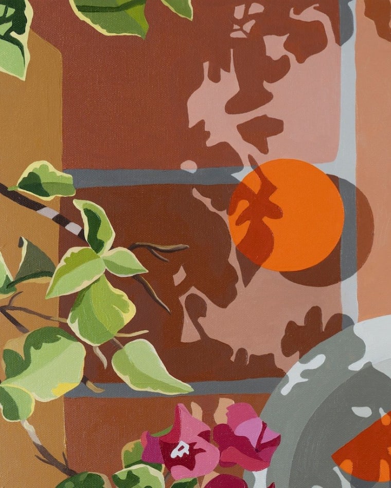detail of Natalia Juncadella painting of tiles, orchid, oranges on plate and shadows