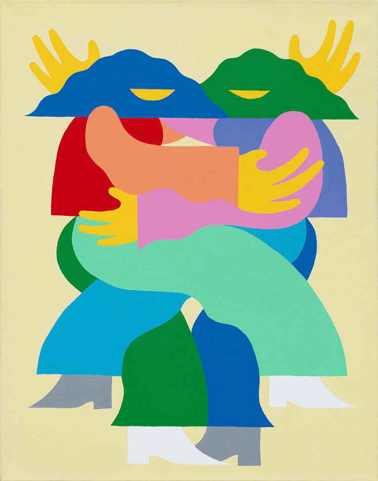 Two figures lay next to each other in bed, their legs and arms twisted around each other in a loving embrace. One wears a red and peach top and green pants, the other a purple top with blue pants. Their skin is painted yellow