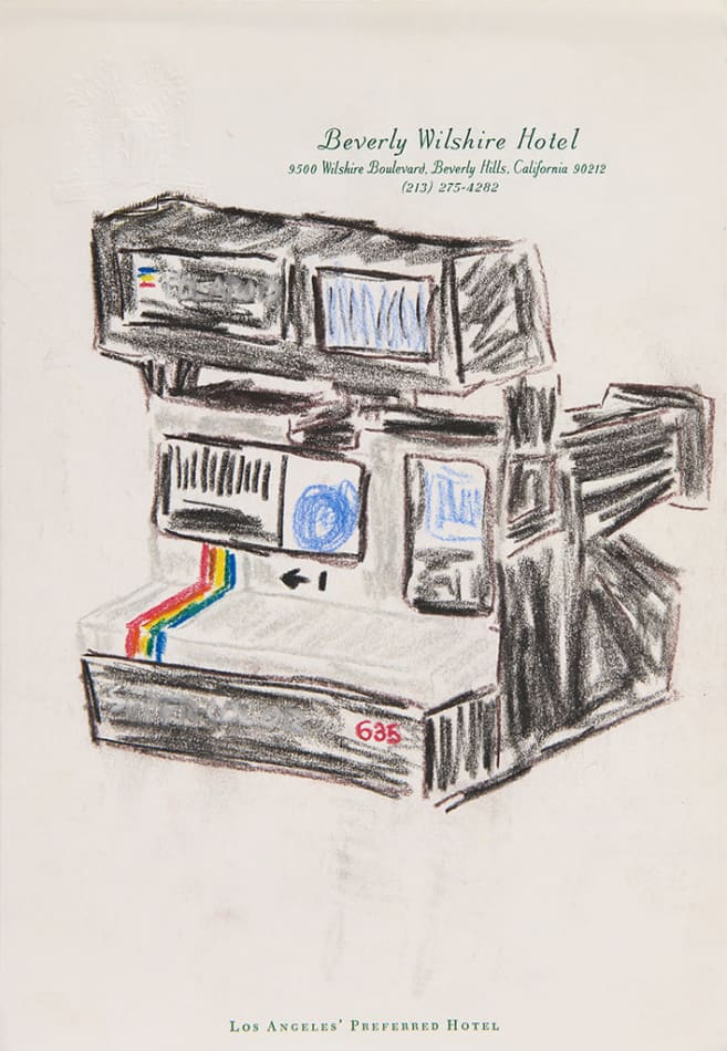 Drawing of a black Polaroid camera on hotel stationery