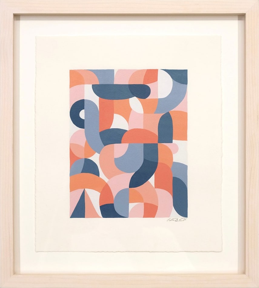 Framed work on paper depicting various multicolored curves and shapes by artist Scott Albrecht