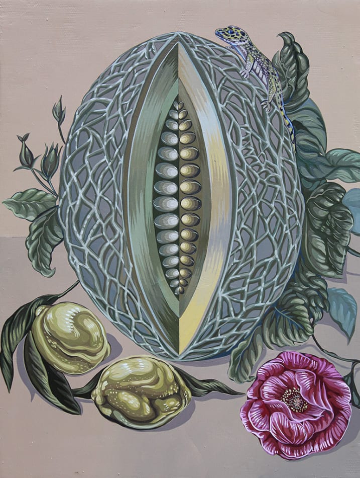 Sabrina Bockler painting of melon in muted tones, blue gray, green, pink and purple florals below
