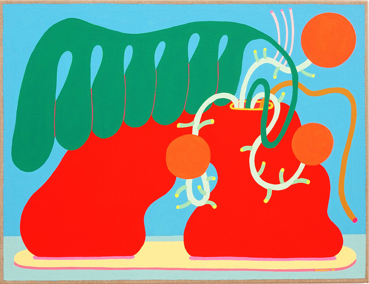 painting of an alien-like bouquet in a red vase