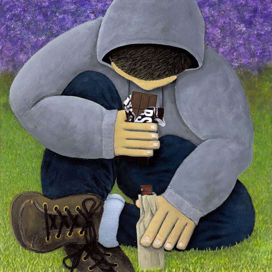 Gabe Langholtz painting of man sitting on grass eating chocolate and drinking beer in paper bag