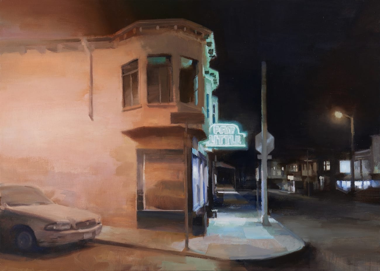 painting of a street corner at night with a white car parked in front - dark colors/neon lights
