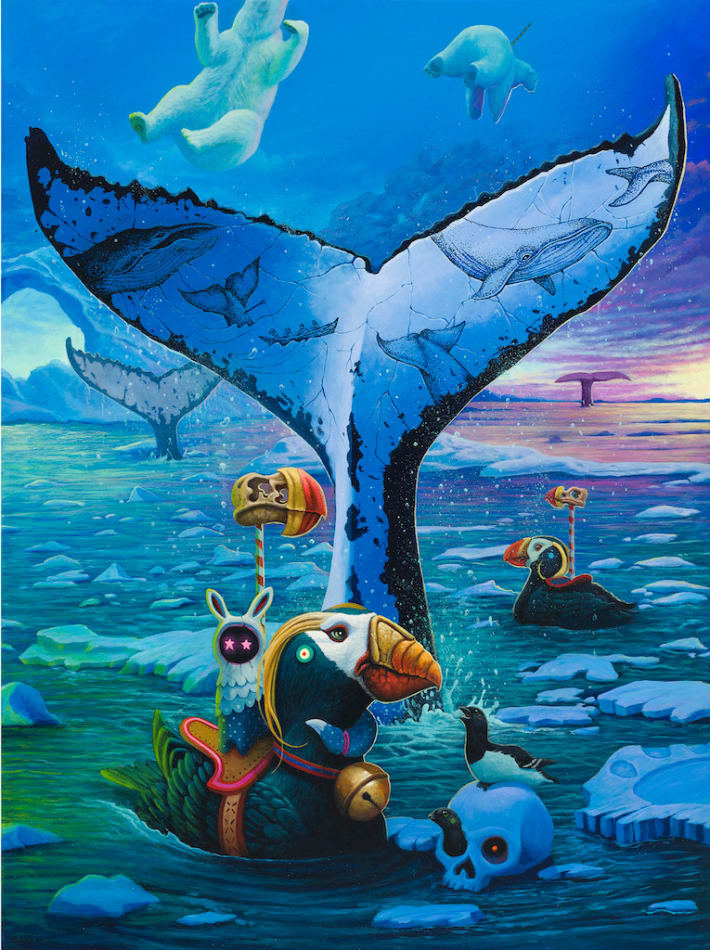 Dulk panel 2 of triptych of whale fin with puffins, skull and polar bears