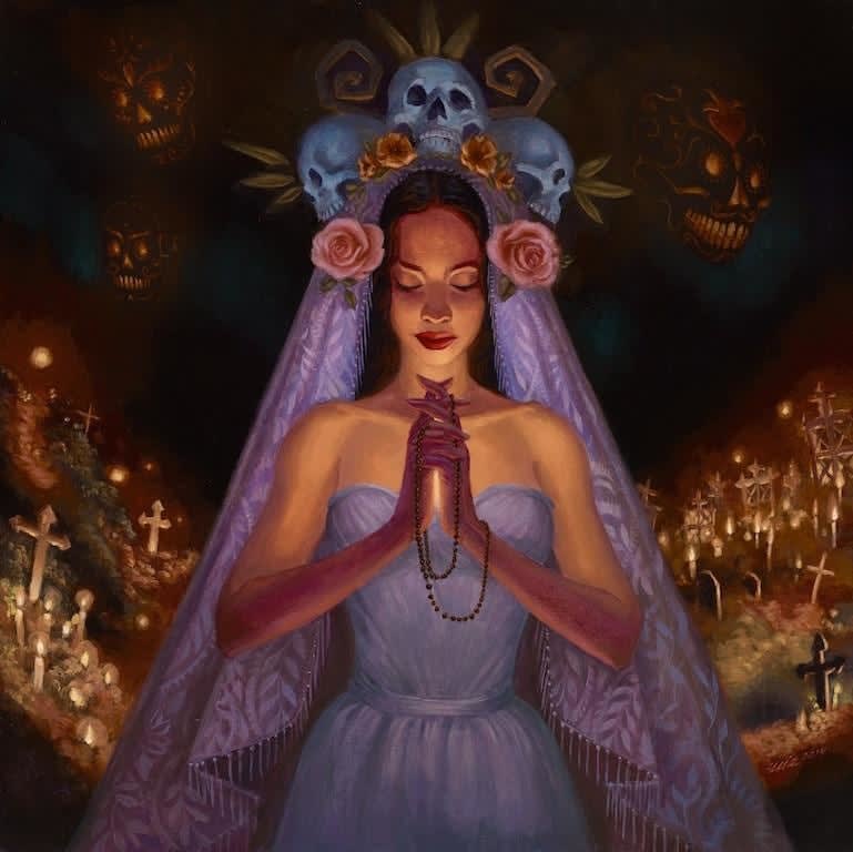 Mia Araujo painting of woman praying with skull crown and veil