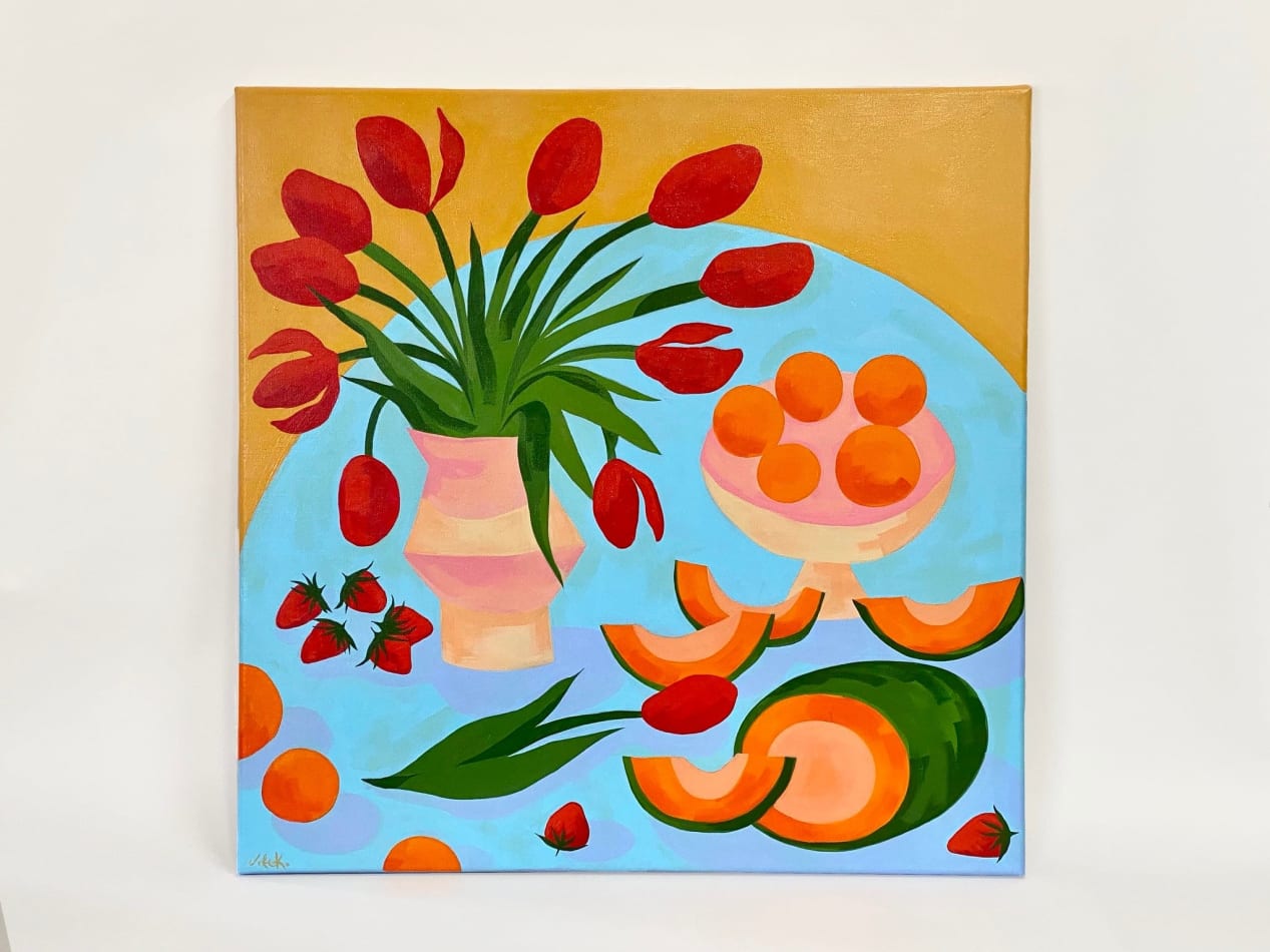 Jess Ackerman's painting of a table with fruit and flowers using blues and yellow