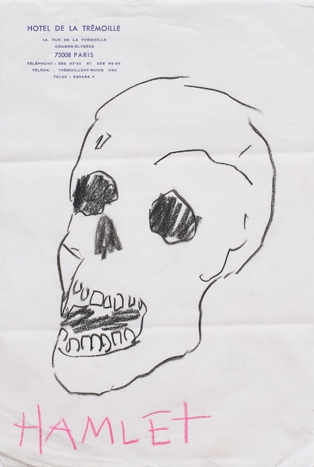 Drawing of a human skull with the word Hamlet in pink written underneath on hotel stationery