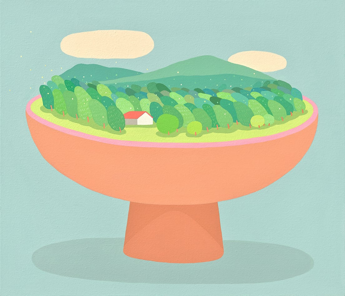 flatly painted scene of a house in the forest contained in a pot