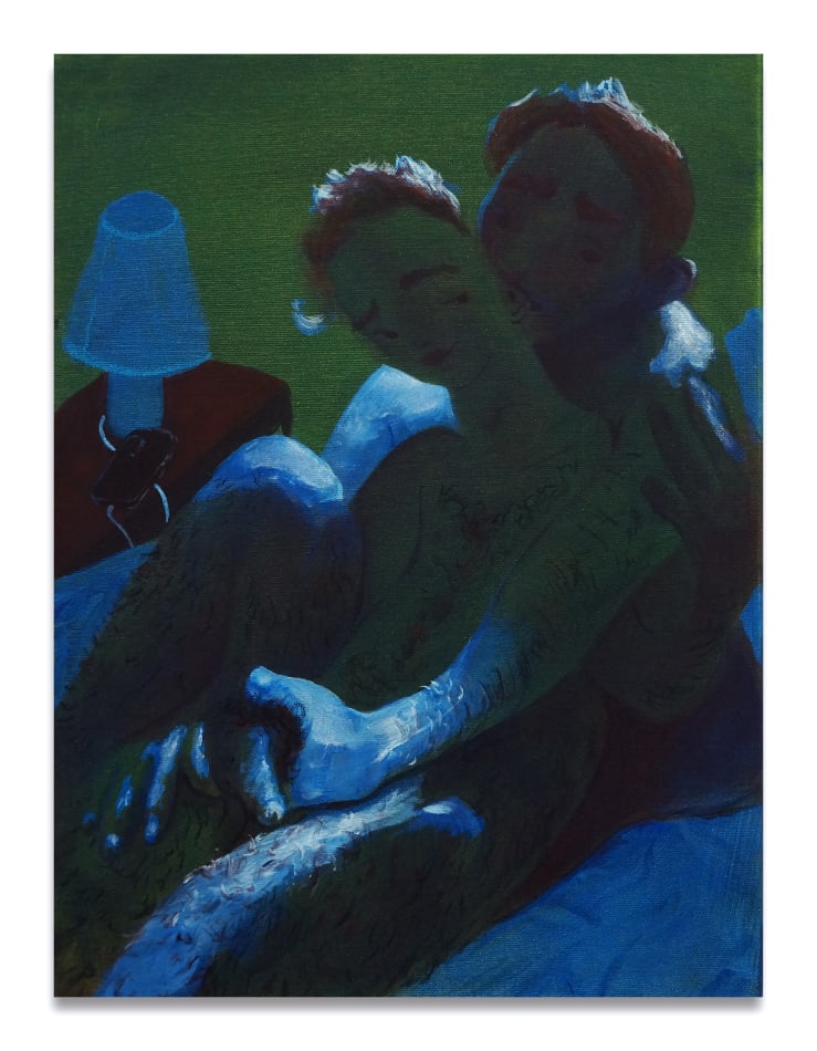 Painting of two people on a bed in the dark. One person is holding the other from behind. There is a nightstand with a small white lamp.