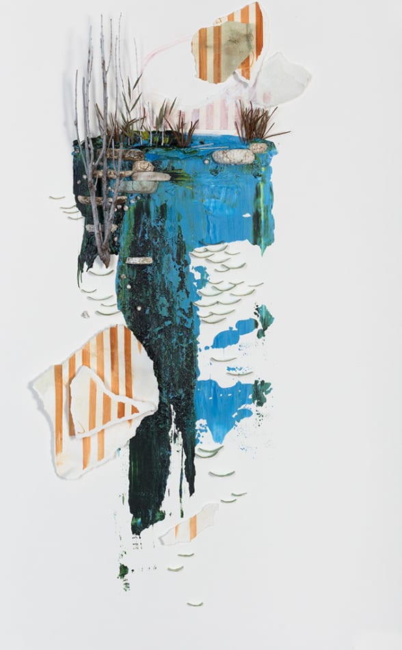 Gregory Euclide - mix media work of abstracted nature scene with a major color palette of bleu and orange..
