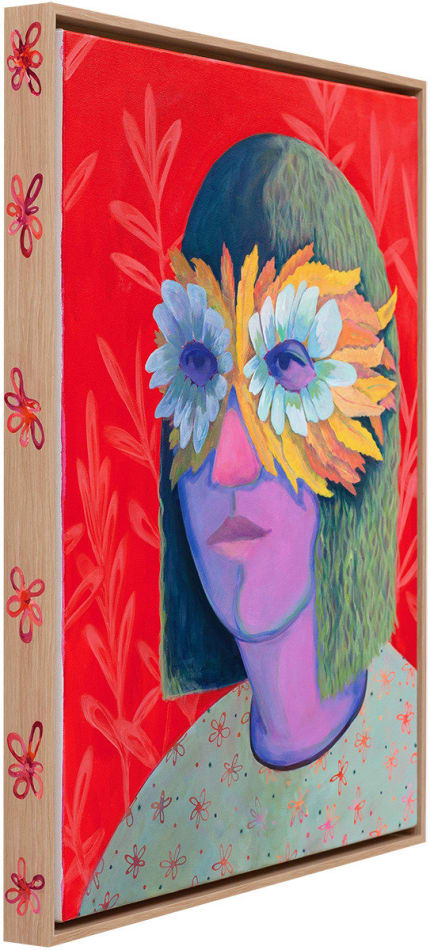 Genevieve Cohn painting of purple woman on red background, wearing feather eye mask in natural wood frame with red floral accents