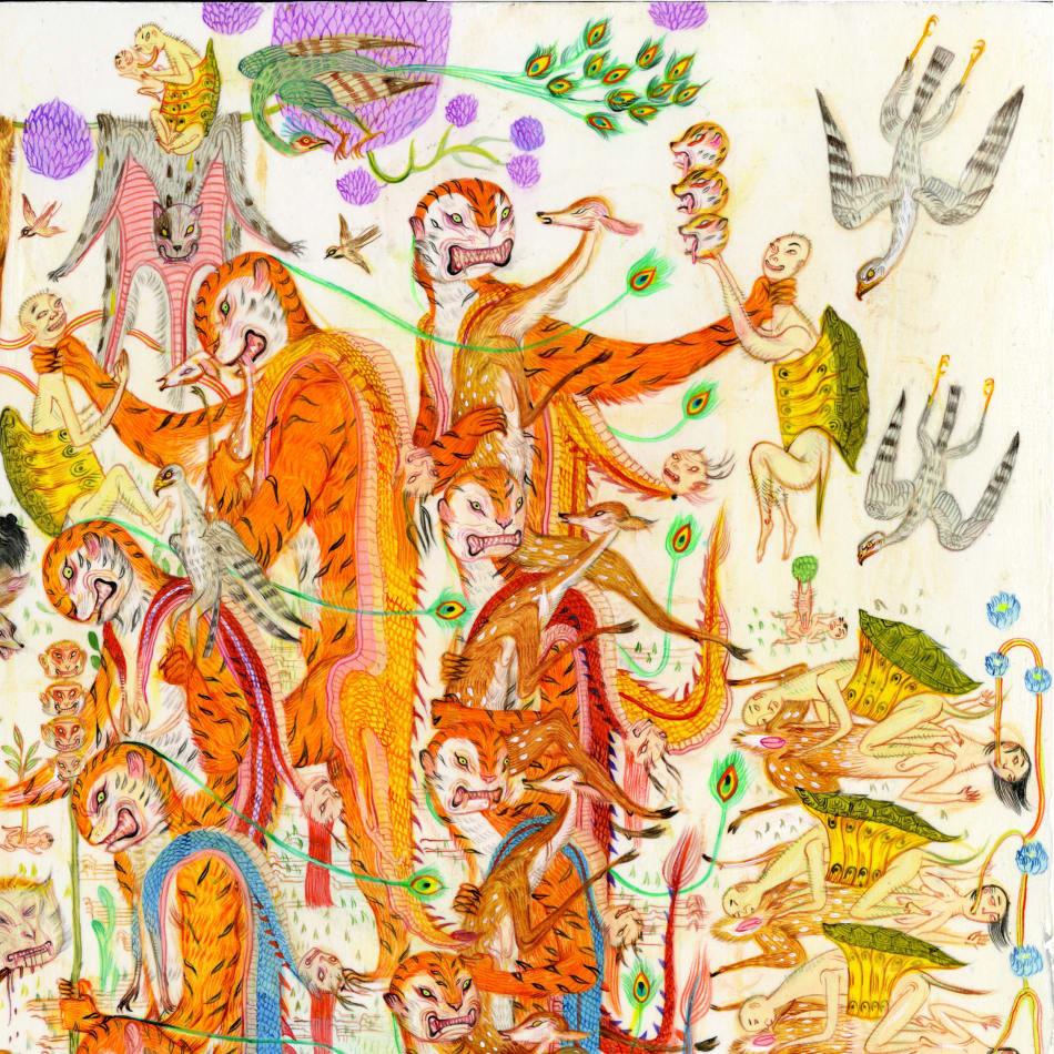 Detail shot of a painting by Mu Pan of creatures, animals and human hybrids eating, sleeping, killing, flying and climbing