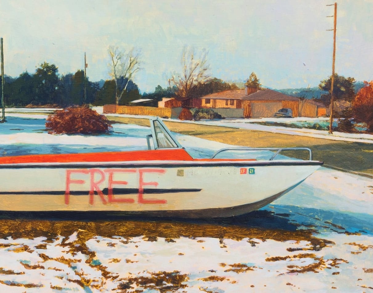 Painting of a small white and red boat with 