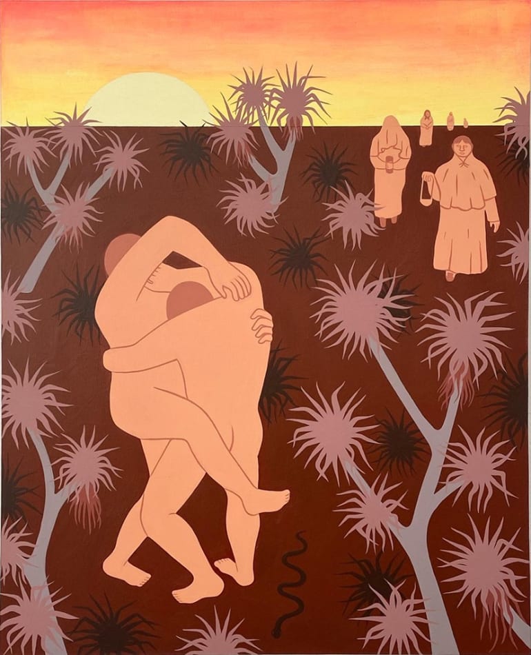 Rachel Levit Ruiz painting of figures in a procession and joined together against sunset