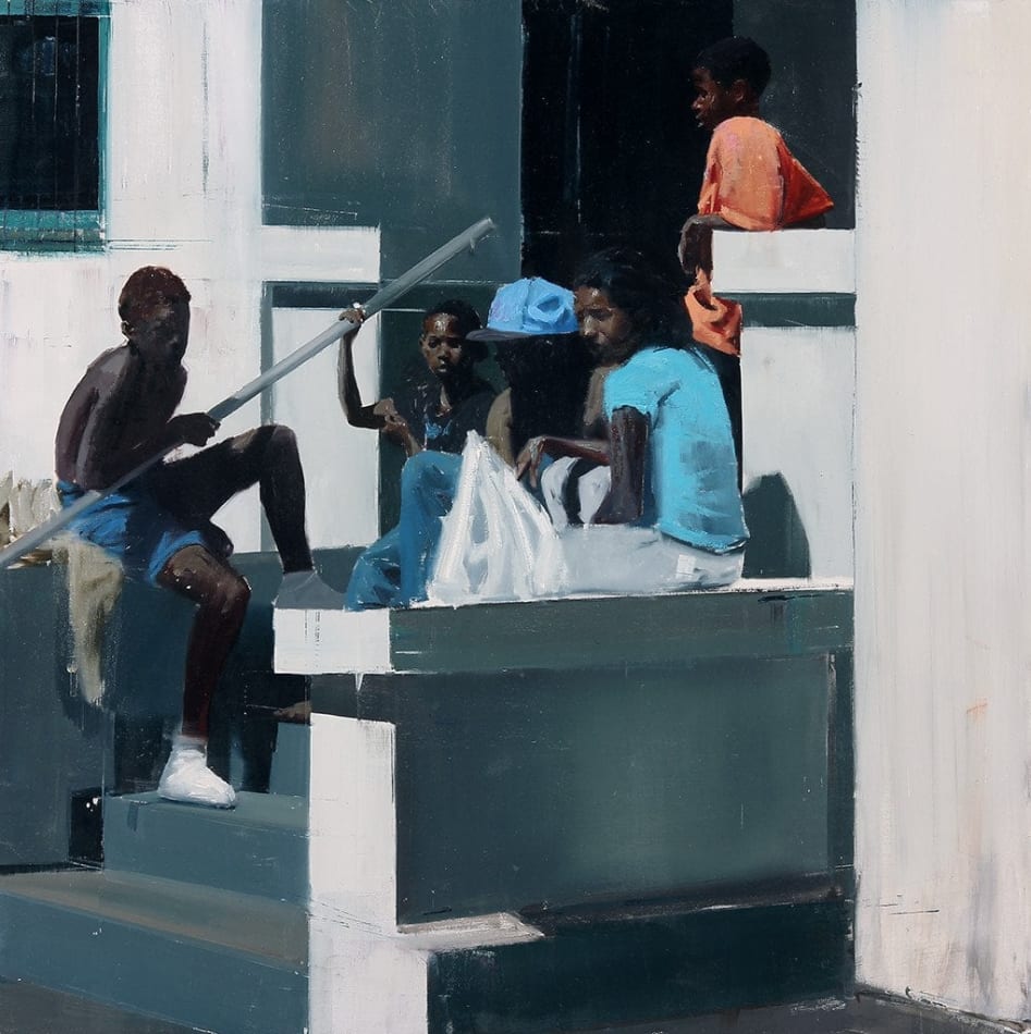 Brett Amory painting of figures sitting on stoop
