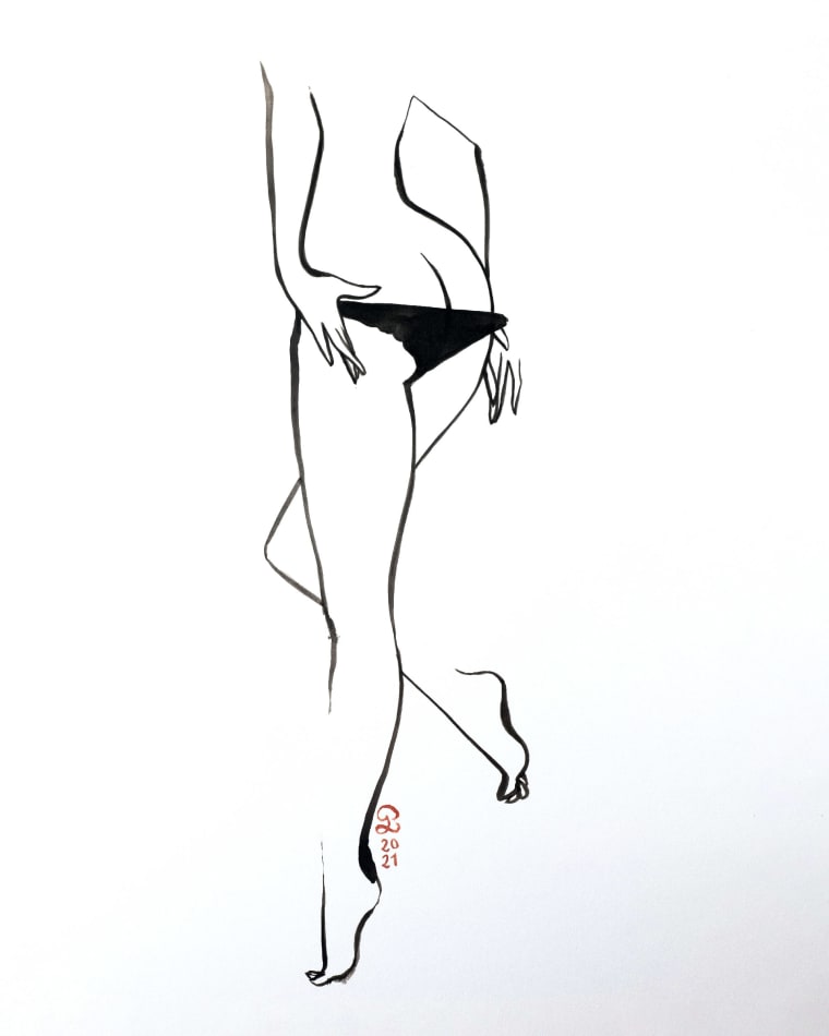 Petites Luxures drawing in black and white of a woman undressing from behind