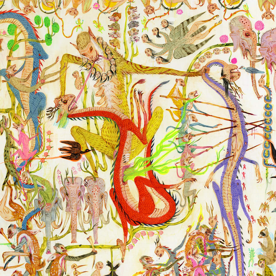 Detail shot of Mu Pan painting of animals and human hybrid creatures eating, fighting, sleeping, etc