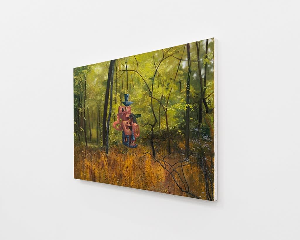 Painting of a forest with lush green trees and amber grass. Floating above the grass is an abstract pink and blue figure.