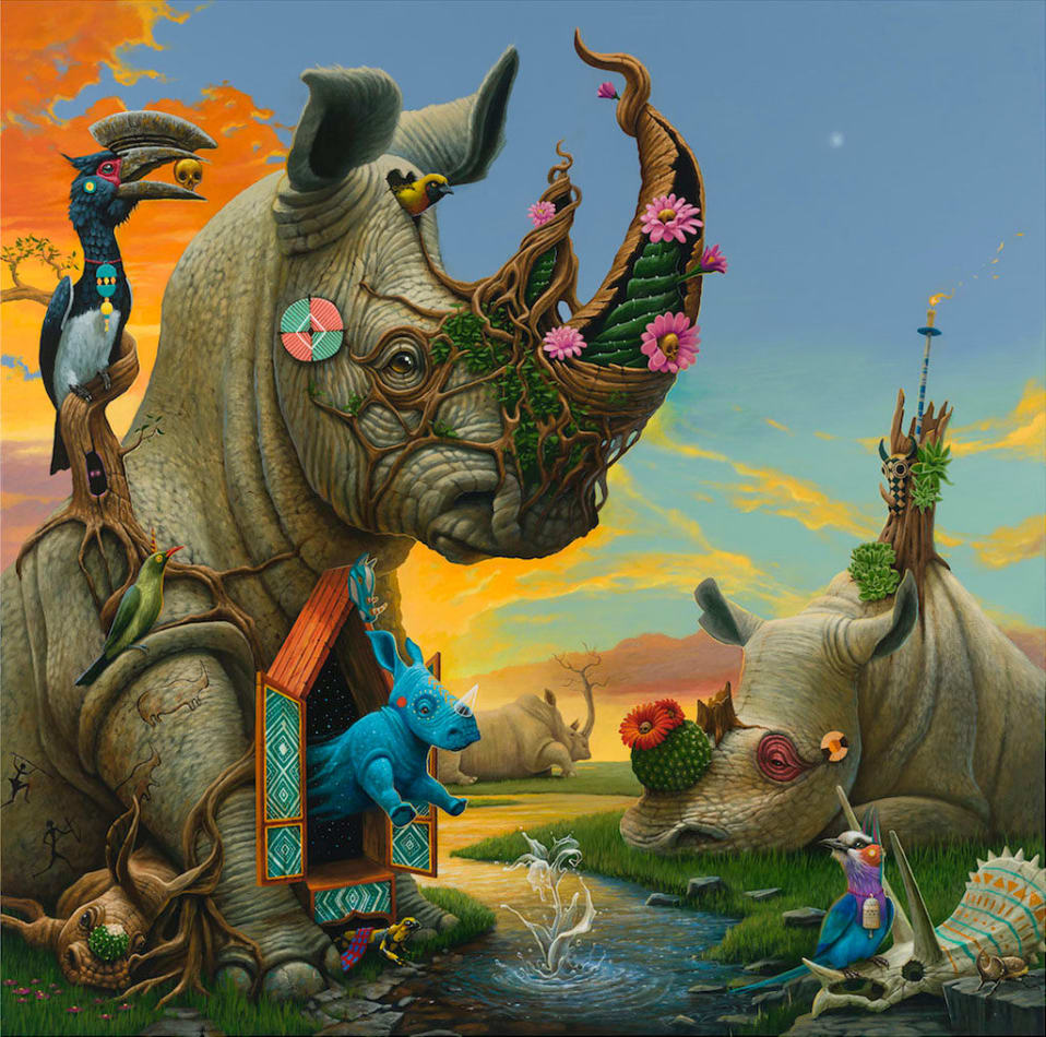 Dulk painting of rhinos and birds