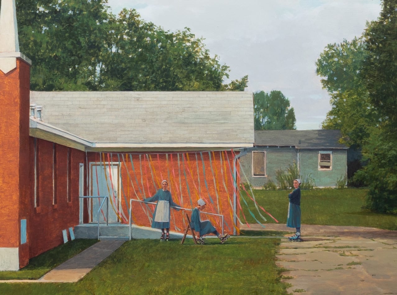 Painting of three amish women with rollerblades on standing in front of a brick red church. There are party streamers in multicolor hanging from the roof of the church. In the background is a blue house and trees