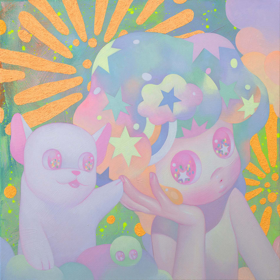 So Youn Lee painting of childlike figure and white bulldog in pastel tones