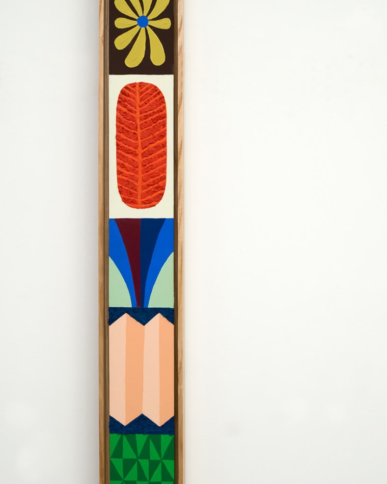Vertical painting with small designed stacked on top of each other featuring a yellow flower, a red feather, a sun, a checkered green design, a diamond shaped design and a blue flower