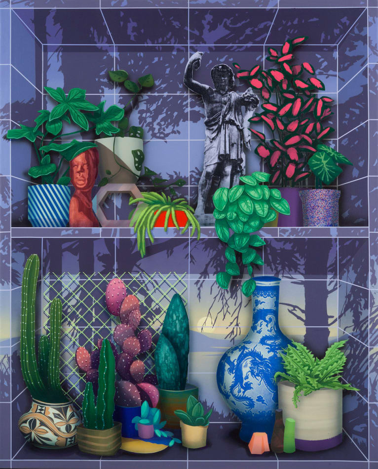 Robert Minervini painting of plants and statues on two shelves with gridded background