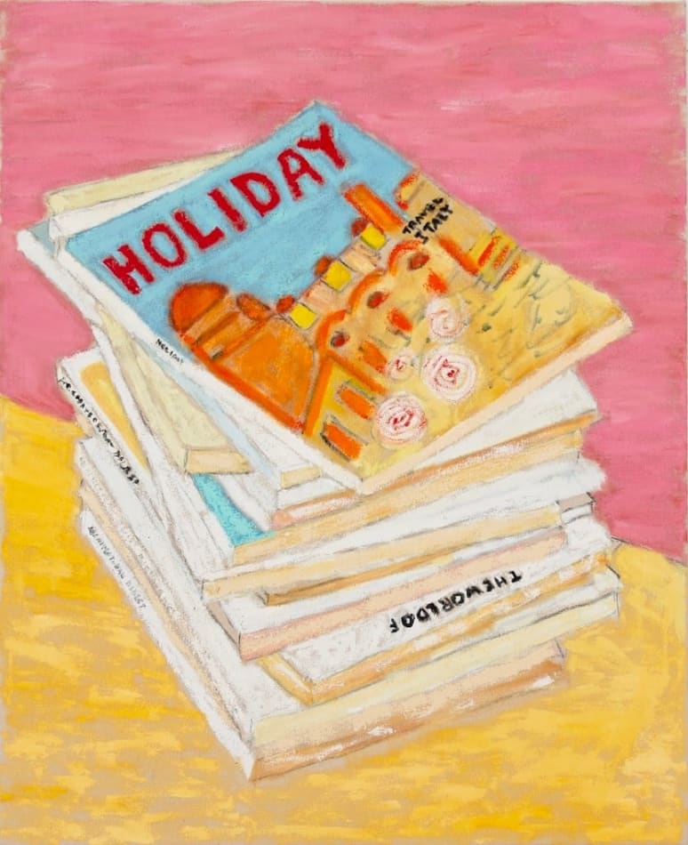 stack of magazine over a yellow and pink background