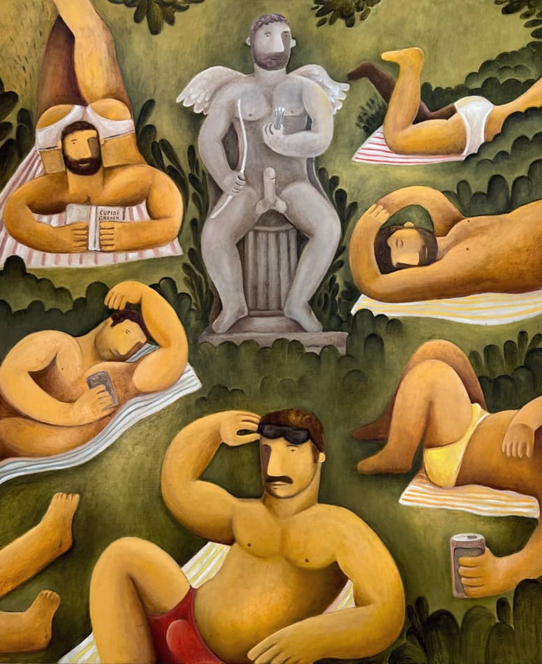 Painting of several men in speedos laying on beach towels on the grass surrounding a statue of a naked angel sitting on a pedestal.