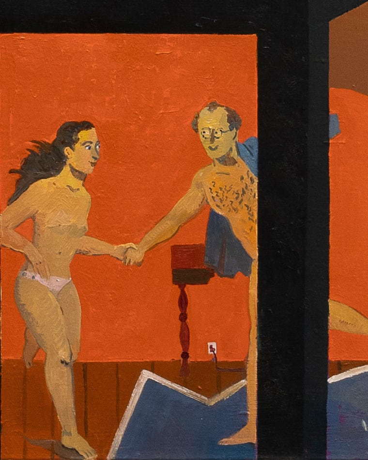 two half nude people holding hands in a red room