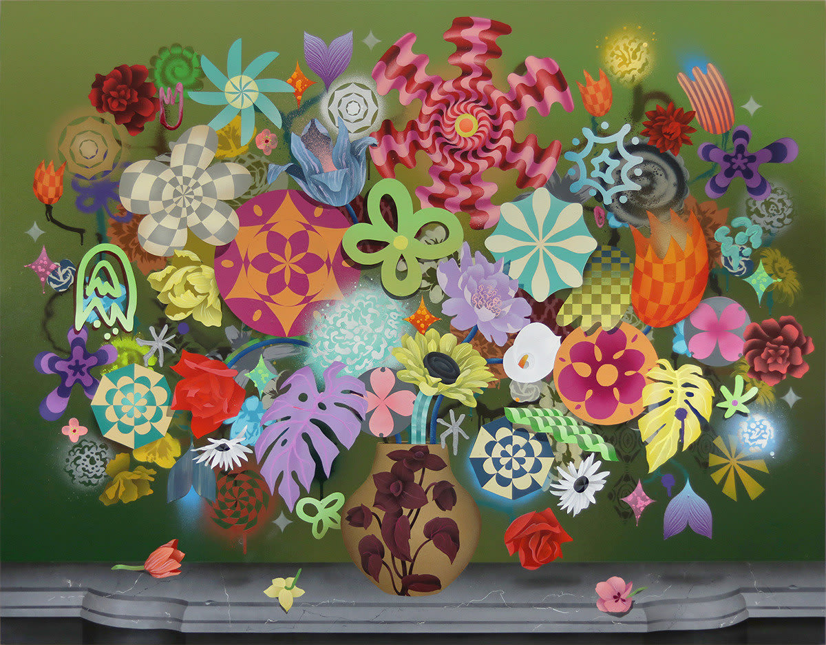 large bouquet of wildly colored and texture flowers in a vase over a muddy green background