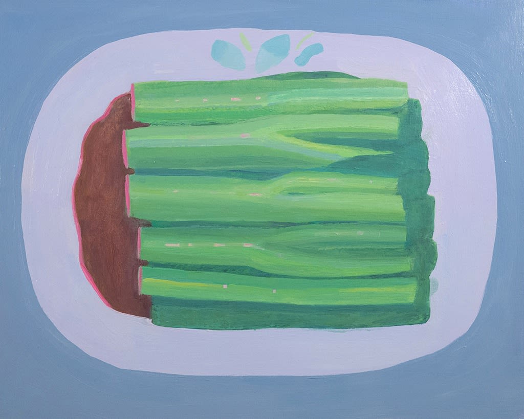 Matthew Kam painting of choy sum on white plate with brown sauce, blue background