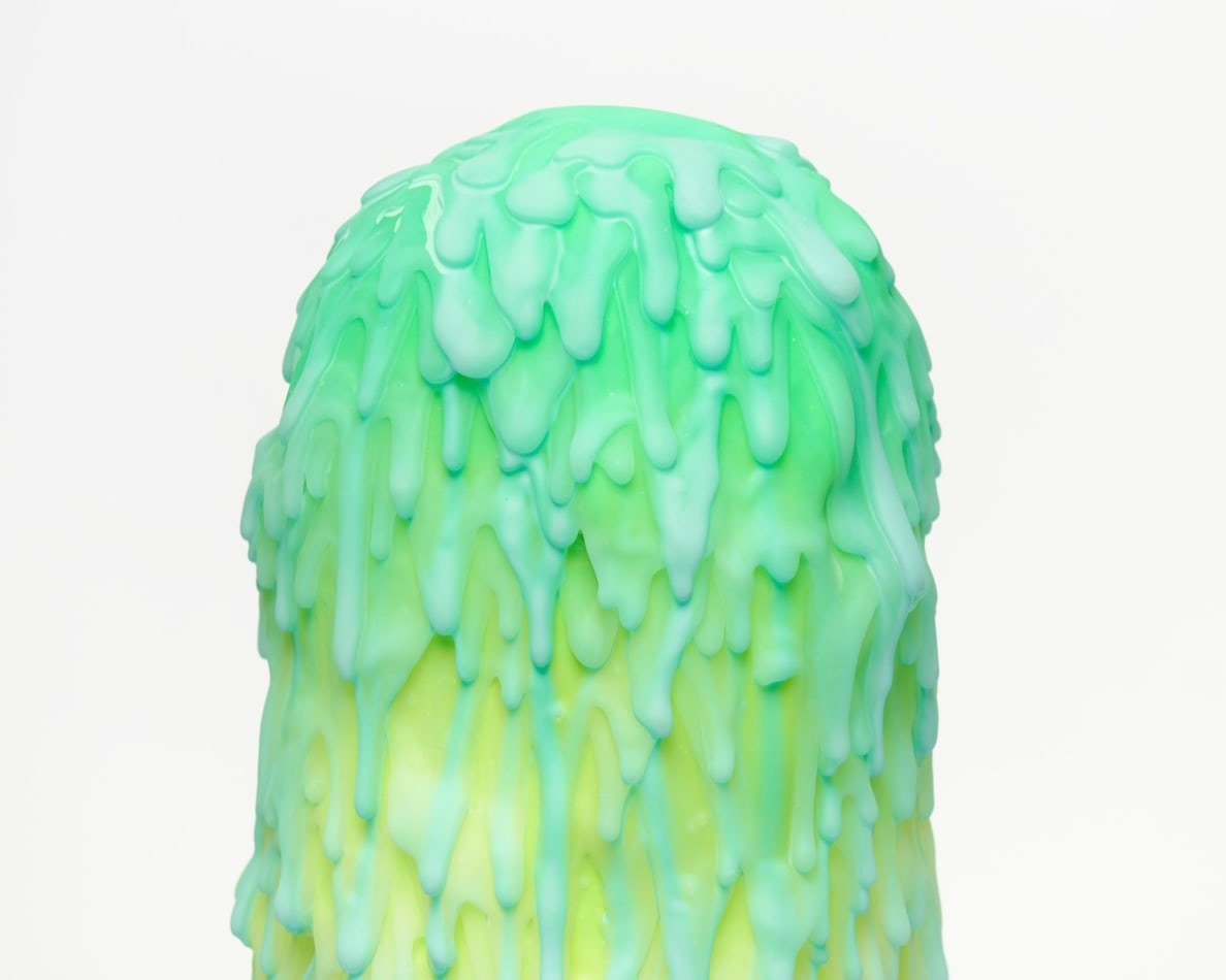 Dan Lam slime sculpture with gradient of green, red, and blue