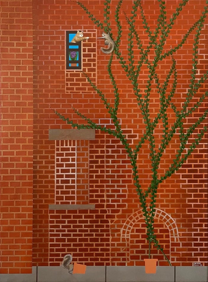 painting of a red brick building with a tree. A cat in the building and a squirrel in the tree reach out to try to touch hands